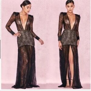 NWT House of CB Black Lace Griffe Deep Plunge Maxi / Gown  Sz S.